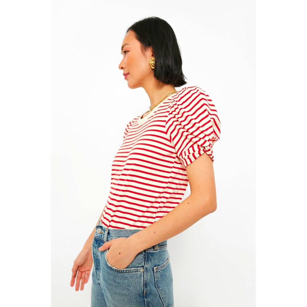 Pomander Place Womenโs Striped Puff Short Sleeve Knit T-Shirt XS Red White